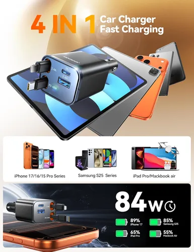 Vista 4 de [2026 Ultra-compacto] Cargador de coche retráctil de 84 W, [PD 45W] Cargador de coche USB C para iPhone 16 17 Pro carga rápida, accesorios de coche