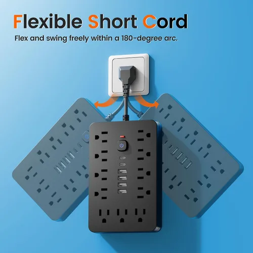 Vista 5 de Protector de sobretensiones - Enchufe de pared con múltiples tomas de corriente alterna, 6 puertos USB (2 USB C), cable de extensión corto negro