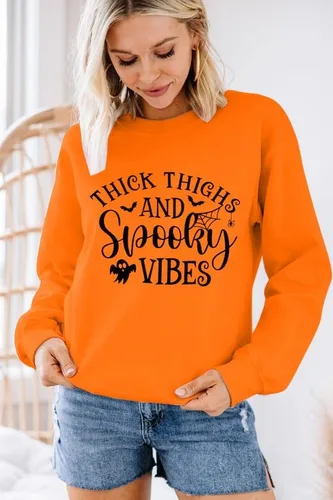 Vista 6 de MAXIMGR Sudadera de Halloween para mujer, sudadera divertida con estampado de letras, suéter de cuello redondo con estampado de fantasmas de otoño