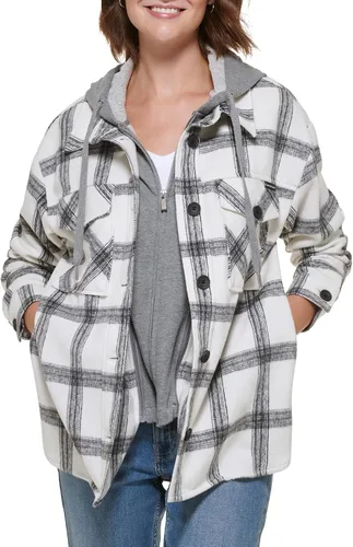 Vista 5 de Calvin Klein Chaqueta tipo camisa a cuadros para mujer con babero de forro polar desmontable, MascarponeNegro Combo