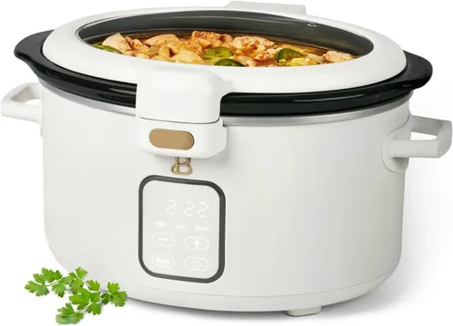 Vista 5 de Olla de cocción lenta programable de 4 cuartos con tapa con bisagras, pantalla táctil, múltiples ajustes de calor, ideal para comidas familiares