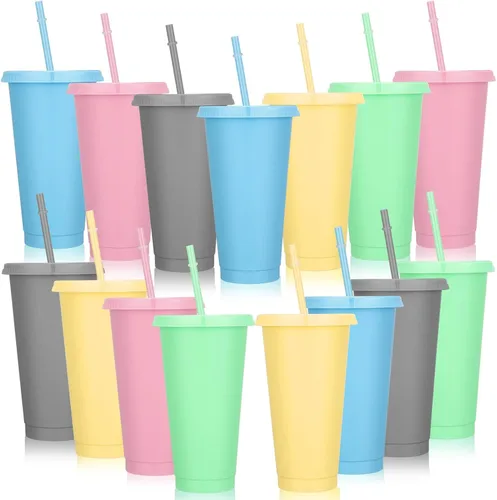 Vista 12 de Bokon 60 Juegos de Vasos con Popote y Tapa al Por Mayor, Vasos de Plástico Reutilizables de 24 oz con Tapas y Pajillas, Botella de Agua, Taza