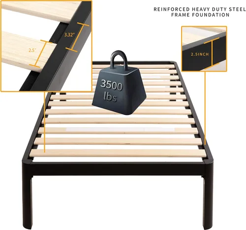 Vista 3 de MAF - Base de cama de plataforma de 14 pulgadas para cama individual con listones de madera, base de cama de metal resistente de 3500 libras