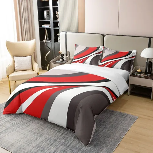 Vista 2 de Erosebridal Juego de ropa de cama geométrica de 100 % algodón, tamaño individual, funda de edredón de remolinos rojos, blancos y grises, funda
