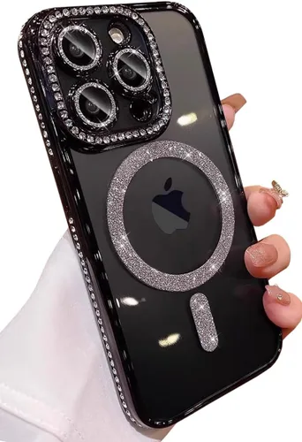 Vista 15 de Funda magnética de lujo con purpurina compatible con iPhone 13 Pro Max de 6.7 pulgadas, bonita funda transparente con diamantes de imitación