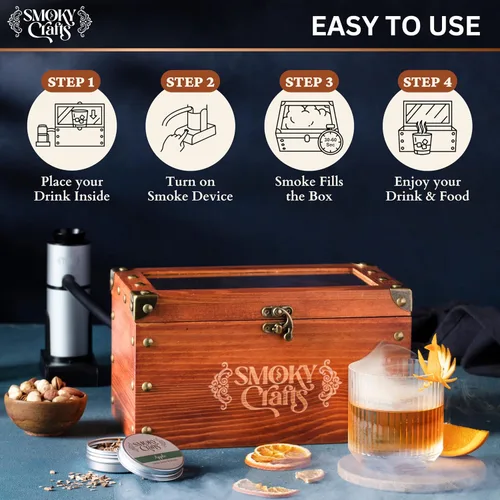 Vista 6 de Kit Ahumador de Cócteles a la Antigua de Smoky Crafts - Kit Ahumador de Whisky con Pistola para Ahumar, Caja de Ahumado para Cócteles, Bandeja