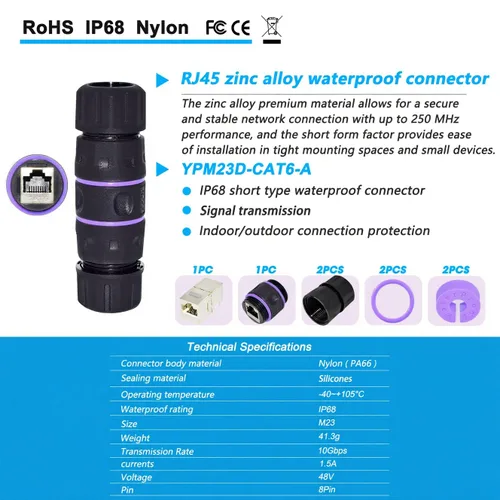 Vista 5 de Y.D.F Acoplador RJ45 impermeable IP68, acoplador Ethernet de cobre puro blindado, acoplador Gigabit IP68 impermeable Ethernet al aire libre conector