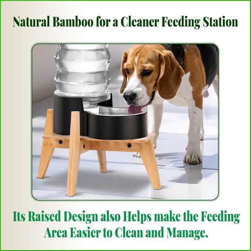 Vista 4 de Soporte para dispensadores de alimentos de agua para perros, adecuado para razas medianas, soporte de bambú para comederos automáticos elevados