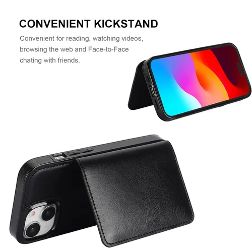 Vista 5 de KIHUWEY - Funda tipo cartera para iPhone 15 (piel, tarjetero), color negro Ranuras para tarjetas de crédito, soporte, piel sintética, cierre