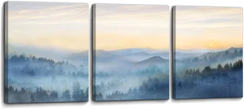 Vista 7 de Decoración de pared para dormitorio, 3 paneles, estampado de bosque brumoso con salida del sol, arte de pared para sala de estar, baño, lienzo