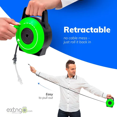 Vista 2 de Extensor de cable Ethernet CAT6 retráctil de 33 pies - Cable de red portátil plano con conectores RJ45 macho-hembra, velocidad de 1 Gbps, carrete UTP