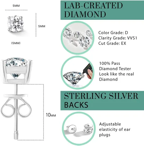 Vista 4 de Aretes de moissanita con diamantes creados en laboratorio de plata de ley 925 para hombres y mujeres, regalos de joyería, Oro blanco, Moissanita