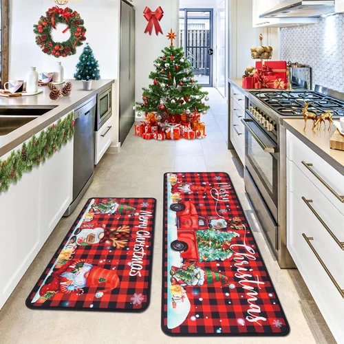 Vista 8 de Voanos Juego de 2 alfombras de cocina de Feliz Navidad, con temática linda de Papá Noel y regalo, decoración navideña para el hogar, tapete lavable
