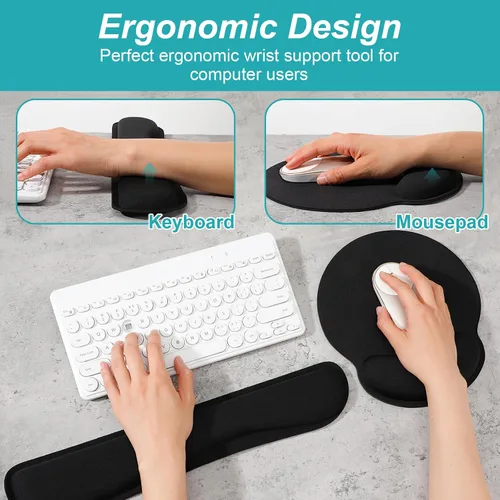 Vista 4 de Juego de 8 almohadillas ergonómicas para mouse y reposamuñecas para teclado, soporte de espuma viscoelástica para escribir cómodamente, accesorios