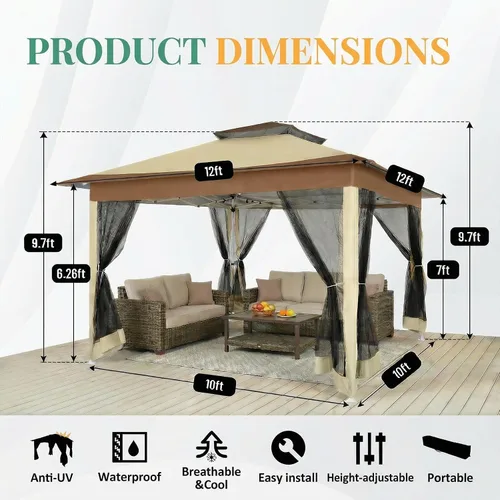 Vista 3 de COBIZI Cenador portátil desplegable de 12 x 12 pulgadas con mosquiteras, fácil de montar, de metal, impermeable, 4 cuerdas, 8 estacas y bolsa
