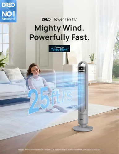 Vista 2 de DREO - Ventilador de torre para dormitorio, ventilador oscilante de 90°, ventilador de pie Gris