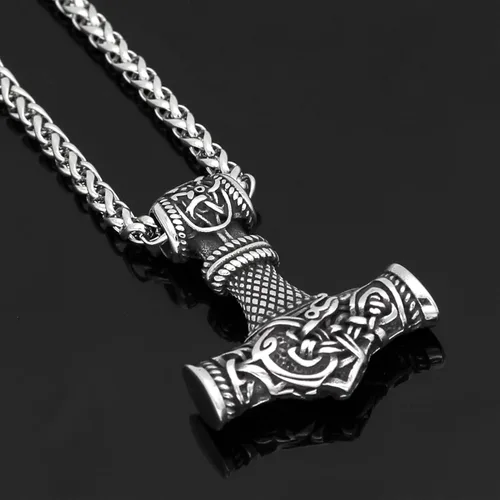 Vista 3 de NICHANGHUA Collar con colgante de martillo de amuleto vikingo de acero inoxidable Mjolnir vikingo, joyería nórdica