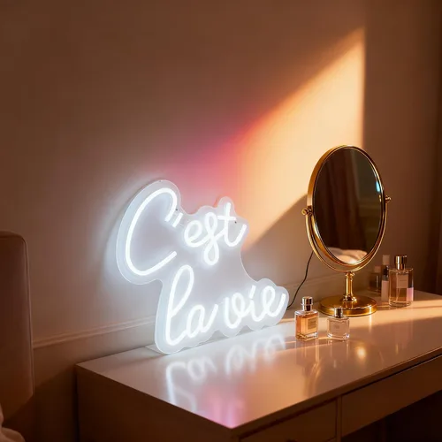 Vista 6 de C'est la vie Letrero de neón LED – Luz de neón blanca con texto en inglés «That's Life», alimentada por USB, decoración de mesa de pared