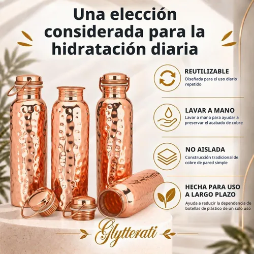 Vista 6 de Botellas de agua de cobre martillado puro con asa, juego de 4 unidades, 34 onzas cada una