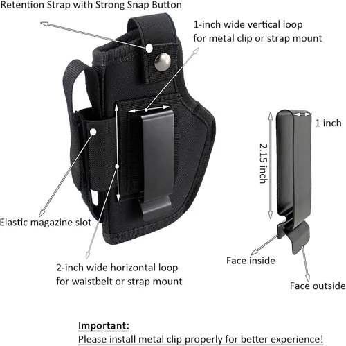 Vista 4 de Funda de transporte oculta IWB OWB con ranura para cargador Clip de metal, mano derecha e izquierda, se adapta a pistolas subcompactas a grandes
