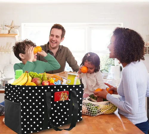 Vista 5 de BeeGreen Black Dots - Bolsa grande para mujer, con asas de transporte, espaciosa bolsa de almacenamiento de comestibles plegable
