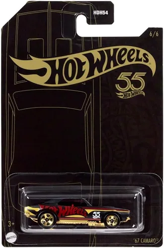 Vista 5 de Hot Wheels - Vehículo coleccionable fundido a presión, edición 55 aniversario, negro y dorado, inspirado en el auto deportivo Chevy Camaro del 67 ~