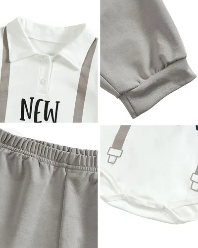 Vista 4 de Conjunto de ropa de manga larga con cierre a presión para bebé con texto en inglés I'm New Here, conjunto de ropa para otoño e invierno