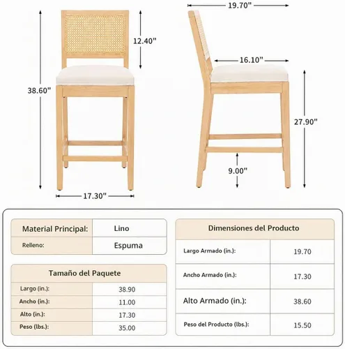 Vista 2 de Juego de 2 taburetes de bar de altura de mostrador, sillas de isla de cocina con respaldo de caña beige, taburetes de bar de ratán con respaldo