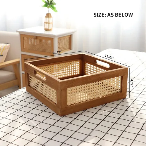 Vista 3 de YAHUAN Cesta de madera tejida de madera para almacenamiento, cesta de bambú con asas integradas para despensa de cocina, gabinete, oficina