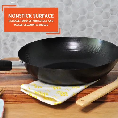Vista 4 de IMUSA Wok antiadherente de acero al carbono de 9.5 pulgadas con mango de tacto frío, color negro Mango de tacto fresco, ideal para salteados