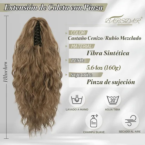 Vista 2 de BARSDAR Extensión de Cola de Caballo Marrón - Extensiones de Cola de Caballo con Pinza de 18 Pulgadas para Mujeres - Extensiones de Cabello Mezcla