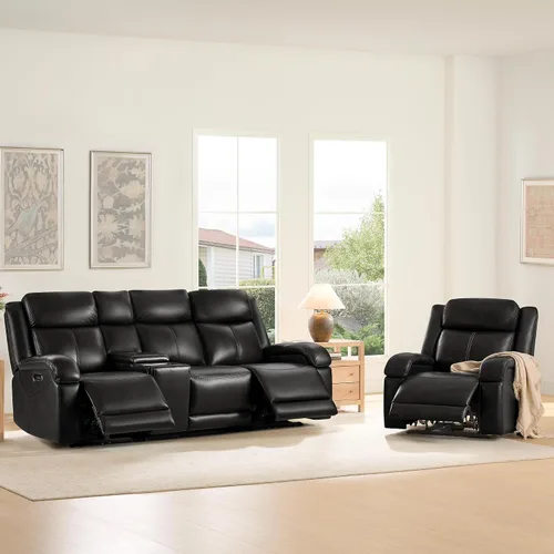 Vista 9 de Watson & Whitely Sofá reclinable eléctrico de piel auténtica, sofás reclinables de pared de 3 plazas con consola de almacenamiento, reposacabezas