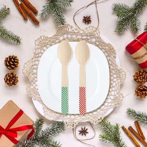 Vista 7 de Gerrii 100 unidades de suministros de barra de cacao caliente, cucharas desechables de madera de chocolate de Navidad de 6 pulgadas, cuchara