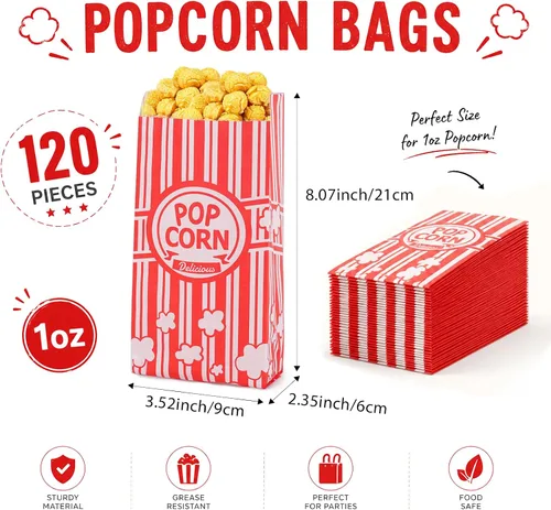 Vista 2 de Bolsas de papel para palomitas de maíz, paquete de 120 bolsas de palomitas de maíz de 1 onza, porciones individuales, bolsa de palomitas de maíz a