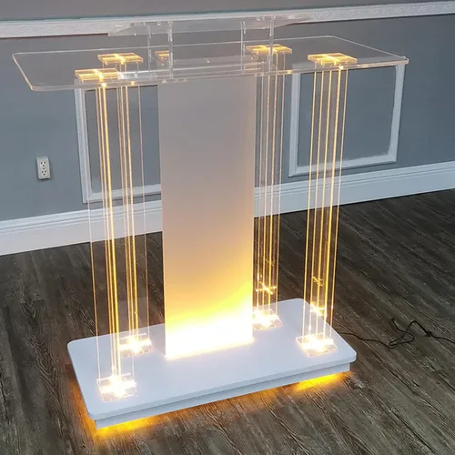 Vista 3 de Soporte de podio acrílico transparente, podio de piso con ruedas, plataforma de lectura vertical con luces LED, escritorio de recepción rodante