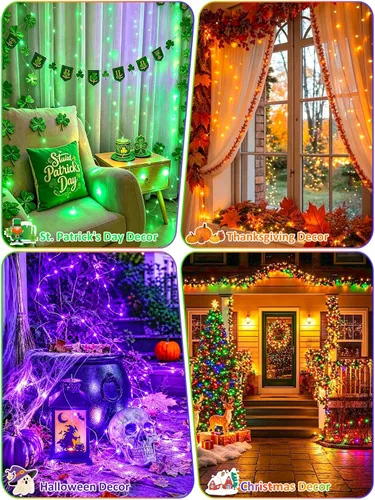 Vista 4 de Serie de luces LED RGB parpadeantes que cambian de color, funciona con pilas, para decoración de interiores y exteriores, con temporizador y control