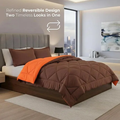 Vista 3 de Elegant Comfort Edredón alternativo reversible de plumón de ganso súper suave, 3 piezas, tamaño Queen, naranja/chocolate