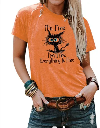 Vista 3 de Camiseta de manga corta con texto en inglés "I I'm Fine Everything is Fine" para mujer, de gran tamaño, casual, con estampado de gato