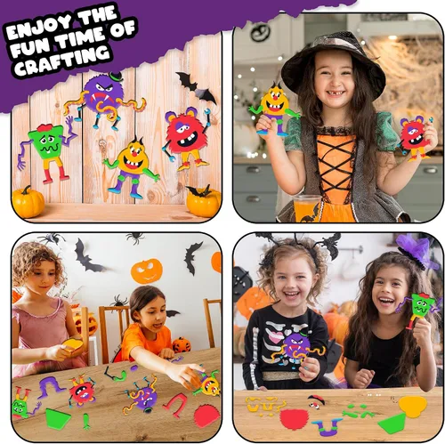 Vista 4 de ArtCreativity Kit de manualidades de monstruo de Halloween para bricolaje, 12 juegos, manualidades de espuma autoadhesiva para niños, sin pegamento