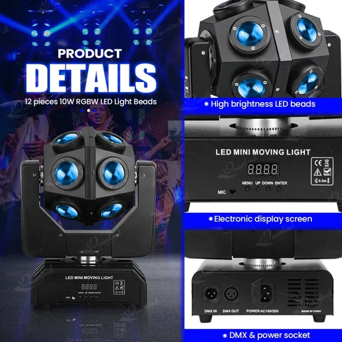 Vista 5 de Dreamland Luces de DJ con cabezal móvil, luces LED de rotación RGBW con control automático de sonido DMX, iluminación estroboscópica de discoteca