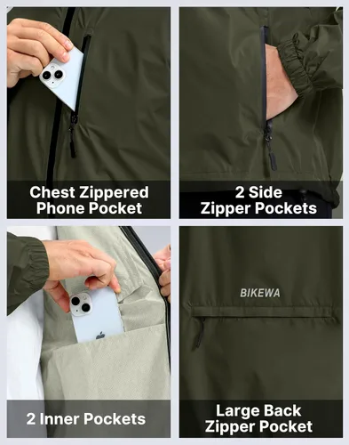 Vista 5 de Bikewa - Chaqueta de lluvia para hombre, impermeable, para ciclismo, con capucha, ligera, plegable, cortavientos para bicicleta, chaqueta de running