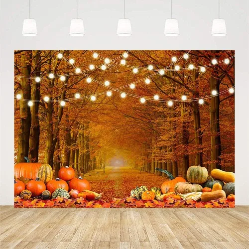 Vista 2 de SENDY Fondo de fotografía de hojas de bosque de arce de otoño de 7 x 5 pies, paisaje de calabaza, otoño, decoración de fiesta de Acción de Gracias