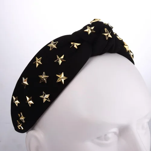 Vista 6 de ARATLENCH Diadema anudada con estrellas doradas y tachonadas con nudo en la parte superior ancha, diadema para Navidad, Año Nuevo, vacaciones