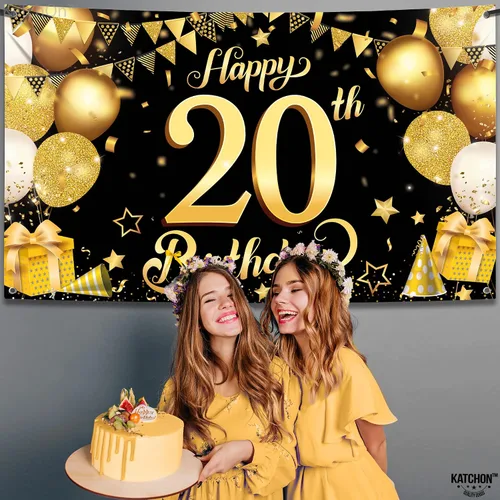 Vista 3 de KatchOn, Cartel de feliz cumpleaños número 20 negro y dorado – Grande, 72 x 44 pulgadas Cartel de 20 cumpleaños Saludos a los 20 años