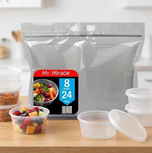 Vista 8 de Mr Miracle Recipientes de 8 onzas con tapas, paquete de 24 recipientes de plástico transparente herméticos reutilizables para alimentos y multiusos