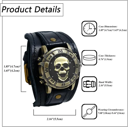 Vista 6 de Avaner Relojes vintage de cuero punk relojes retro de bronce con calavera de banda ancha de cuarzo para hombres