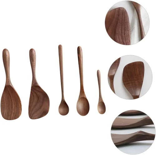 Vista 9 de SHERCHPRY Juego de 5 cucharas de madera de nogal negro para servir, cucharón de arroz con miel, herramienta de cocina