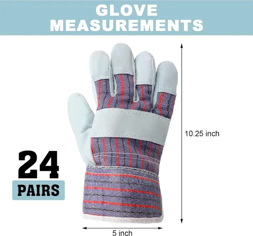 Vista 2 de Jiuguva 24 pares de guantes de trabajo de algodón y cuero, puños de seguridad, manos de trabajo de jardinería con palmas reforzadas resistentes