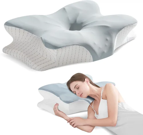 Vista 8 de Almohada cervical de apoyo para el cuello para aliviar el dolor, espuma viscoelástica ortopédica (azul)