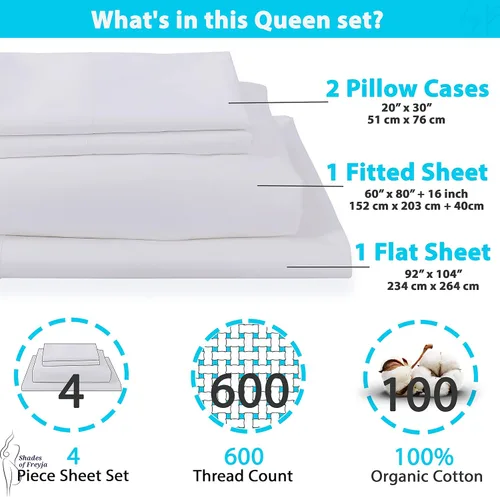 Vista 3 de Juego de sábanas de 100 % algodón, tamaño Queen, 600 hilos, juego de ropa de cama de 4 piezas con bolsillo profundo de 16 pulgadas, sábanas